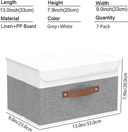 Yawinhe Collapsible Storage Bin, Cube Organizer Basket, Fabric Box with Lids, Washable and Leather Handle, for Home, Closet, White/Grey, 13.0''Lx9.0''Wx7.9''H, 7-Pack, SNK024WGS-7
