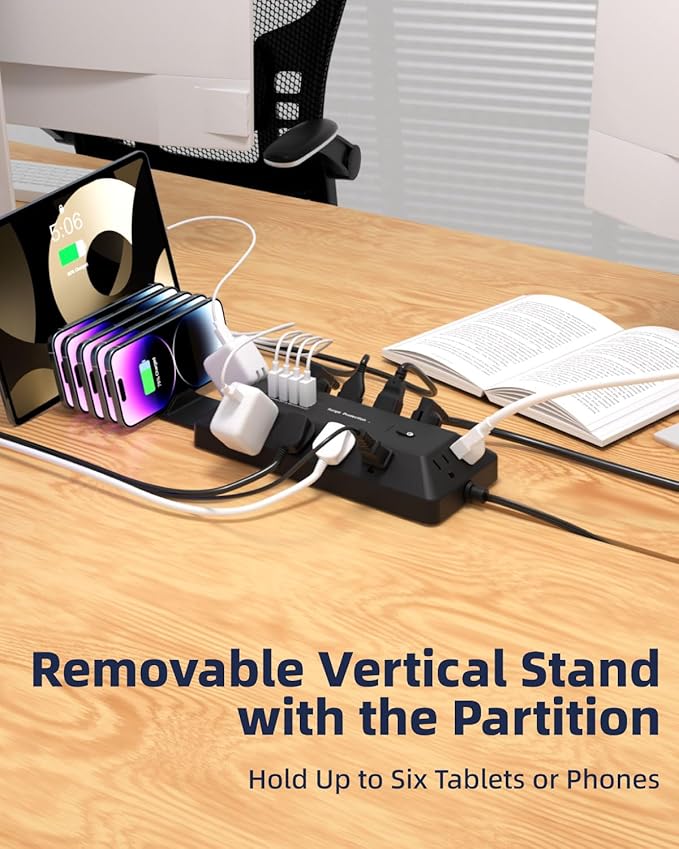 16 in 1 Surge Protector Power Strip with 4 USB (2 USB C) and 12 AC Outlets Extender, 6 Ft Flat Plug Extension Cord, Cable Management Outlets for Home Office and Dorm Rooms (Black)