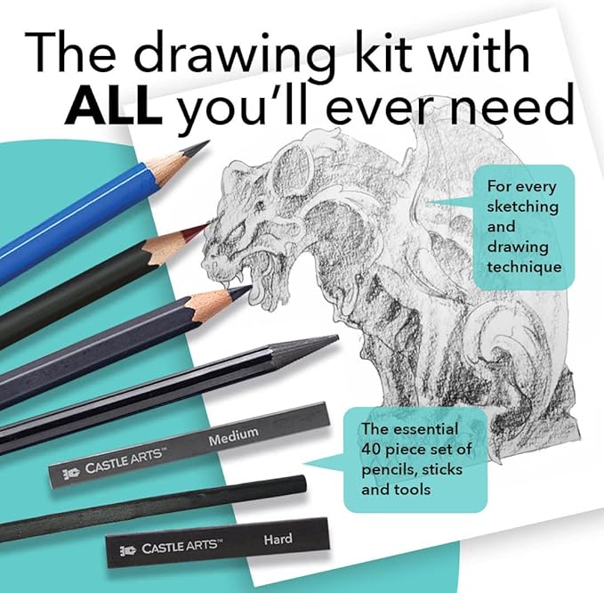 Castle Art Supplies 40 Piece Premium Drawing and Sketching Set with Tutorial | for Artists, Professionals or Beginners | Pencils, Charcoal, Graphite and More | in Neat Carry-Anywhere Zipper Case