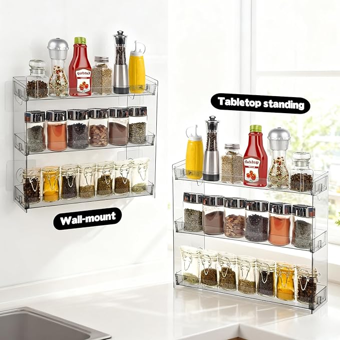 Spice Rack Wall Mount Clear Plastic Seasoning Organizer Condiment Bottles Storage Shelf Spice Rack Organizer for Kitchen Cabinet Doors Pantry RV Organization