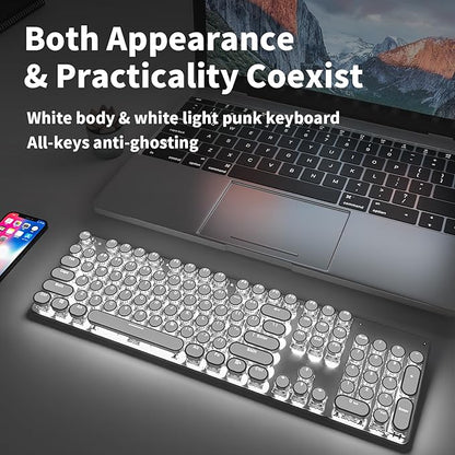 EWEADN TK950 Typewriter Keyboard Wireless Mechanical Keyboard, 104 Keys Aesthetic Typewriter Keyboards with White Backlit, Anti-Ghosting, Blue Switch Bluetooth/2.4GHz/Wired Keyboards-White