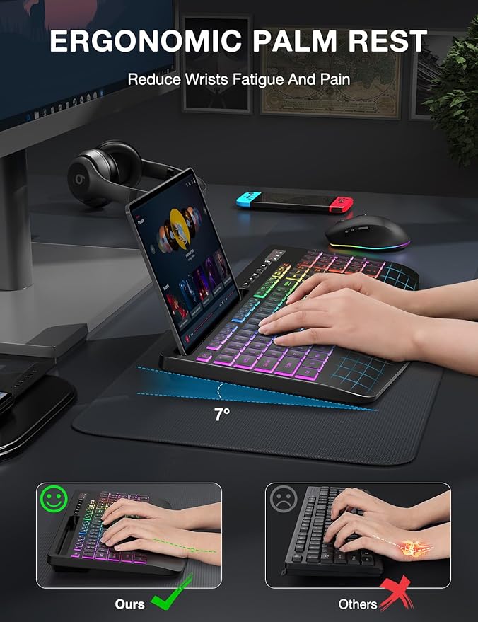 Wireless Keyboard and Mouse Combo - 9 Backlit Effects, RGB, Ergonomic Wrist Rest, Phone Holder, 2.4G Full Size, Rechargeable, Sleep Mode, Quiet Keyboard Set for Computer, PC, Laptop, Mac, Windows