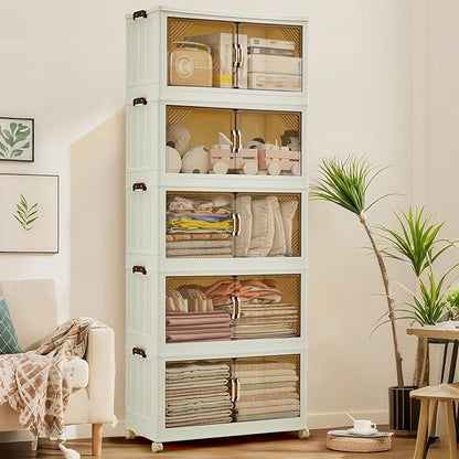 Garvee 240QT Stackable Storage Bins, Plastic Bins for Storage with Lids, Plastic Storages Drawers with Magnetic Doors & Wheels, Foldable Collapsible Closet Organizers for Home, Dorm, Office, White