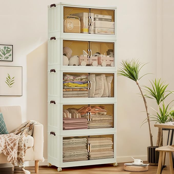 Garvee 630QT Stackable Storage Bins, Plastic Bins for Storage with Lids, Plastic Storages Drawers with Magnetic Doors & Wheels, Foldable Collapsible Closet Organizers for Home, Dorm, Office, White