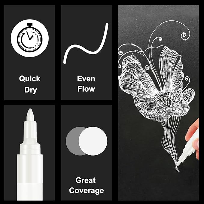 SFAIH Acrylic White Paint Pens - 8 Pack 2-3MM Medium Tip & 0.7MM Extra Fine Paint Marker for Rock Painting, Wood, Metal, Fabric, Plastic, Canvas, Glass, Ceramic, Diy Crafts, White Out Pen