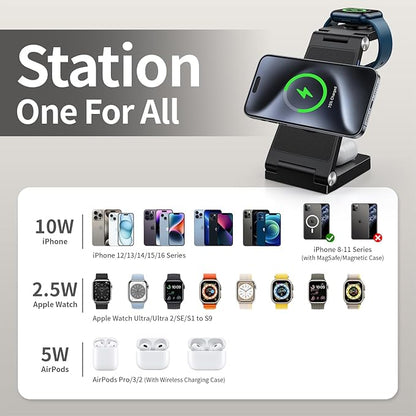 2025 Traveling Wireless Mag-Safe Fast Charging Station,Magnetic 3 in 1 Charger with Light for iPhone 17 16 15 14 13 12 Pro Max Plus,Apple Watch Series & Air pods 4 3 2 Pro-Gifts for Wife & Husband