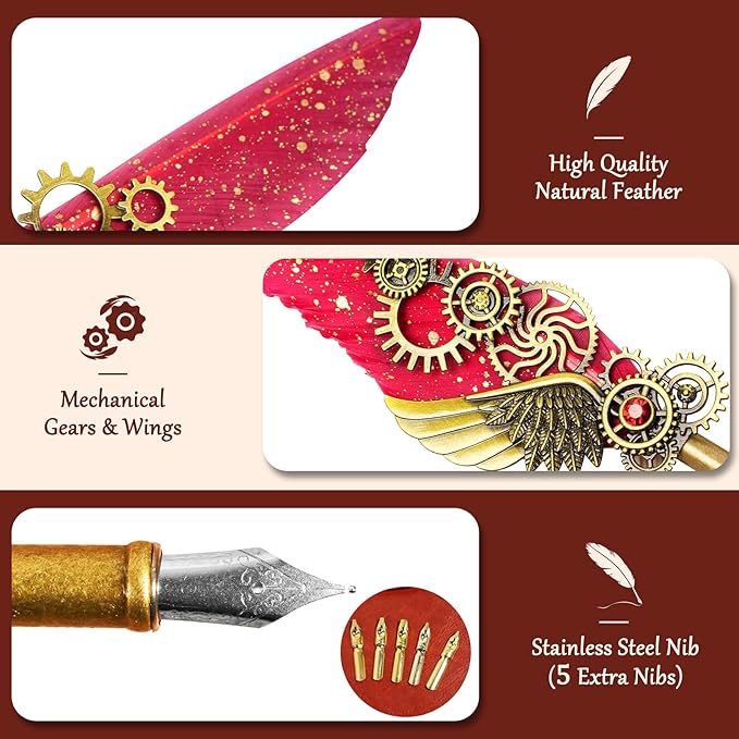 Feather Quill Pen and Ink Set,Antique Calligraphy Set with Leather Journal Notebook,Feather Pen,5 Gold Nibs,Pen Holder,Ink,Calligraphy Kits for Beginners Christmas Gift