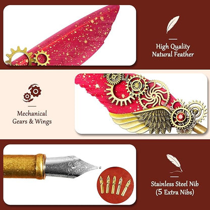 Feather Quill Pen and Ink Set,Antique Calligraphy Set with Leather Journal Notebook,Feather Pen,5 Gold Nibs,Pen Holder,Ink,Calligraphy Kits for Beginners Christmas Gift