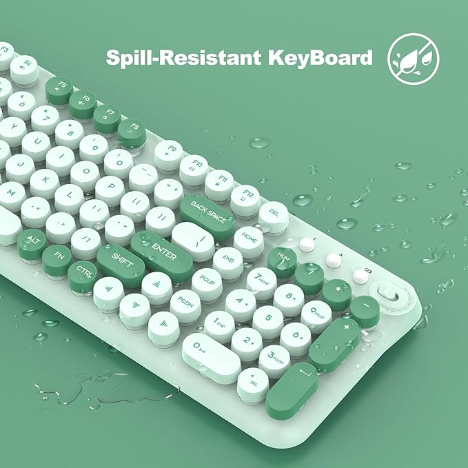 Wireless Keyboard and Mouse,Cute Retro Typewriter Computer Keyboard and Mouse Sets,Full Size 2.4G Cordless Colorful Round Keycaps Keyboard with Silent Mouse for PC Windows Laptop Office-Multi Green