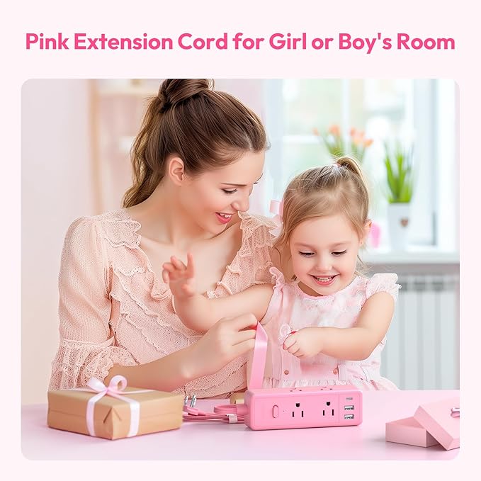 NTONPOWER Pink Extension Cord 15 ft, 1080 Joules Surge Protector Power Strip with 6 Widely Outlets 3 USB (1 USB C), Power Strip Long Cord Flat Plug Extension Cord for Home Office Dorm Room Essentials
