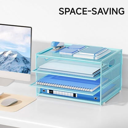 Lavatino 3-Tier Letter Tray Desk Organizer, Mesh Metal Paper File Tray Organizer for Desk, Office Supplies & Home Organization, Fits A4 Paper, Mail, Magazines & Office Accessories (Blue with Handle)