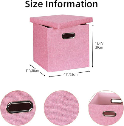 Storage Bins with Lids, Collapsible Linen Fabric Boxes Organizer Containers with Lid Foldable Storage Box Basket for Closet, Shelves, Home, Office, 11 x 11 x 11.4 Inch, 4 Pack, Pink