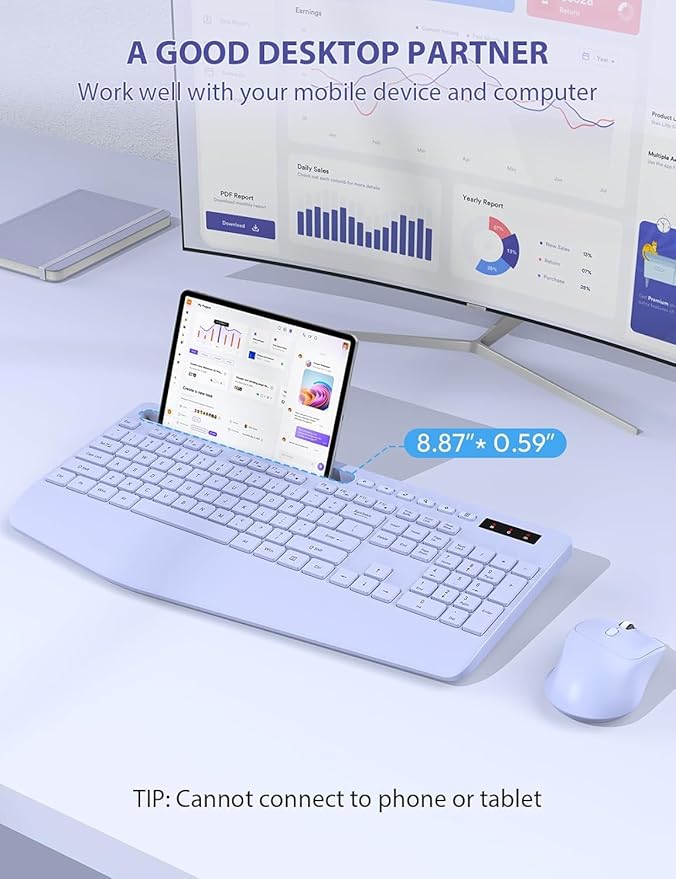 SABLUTE Wireless Keyboard and Mouse, Wrist Rest, Phone Holder, Batteries Included, 2.4G Lag-Free Ergonomic Keyboards Mouse Combo, Silent Keyboard Cordless Set for Computer, Laptop, PC, Windows, Purple