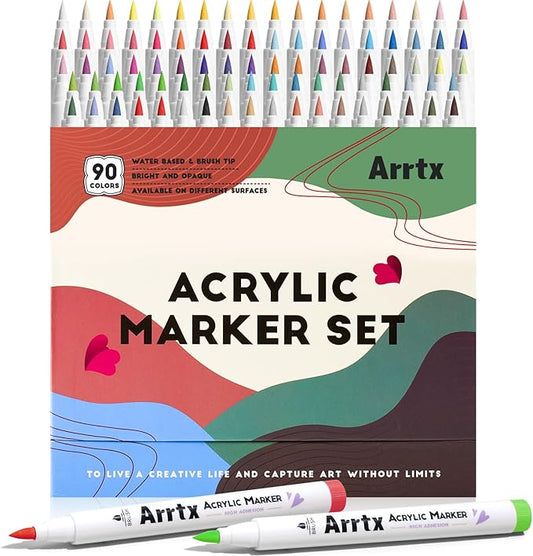 Arrtx Acrylic Markers 90 Colors, Premium Brush Tip Acrylic Paint Pens, Water Based Ink, No Toxic, Water Resistant Paint Markers for Rock Painting Wood Stone Glass Fabric DIY Project
