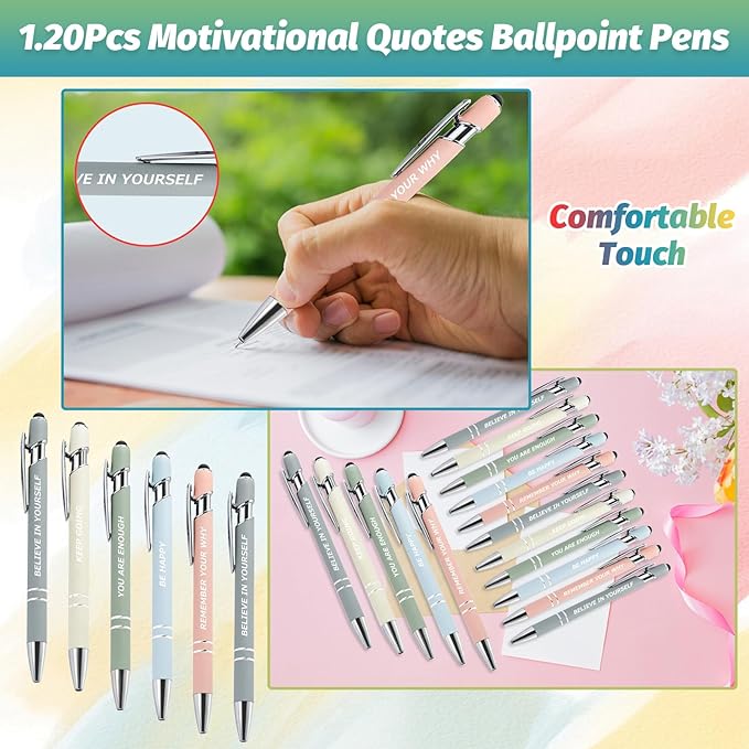 100 Pcs Inspirational Pens Kit with Stylus Tip & Sayings – 50 Motivational Pen + 50 Individual Bags – Uplifting Quote & Positive Ideas – For Teachers, Office, School, Meetings, Team Events(Foggy Hues)