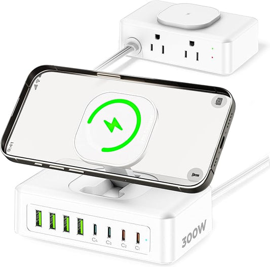 11-in-1 Charging Station USB-C Power Strip, 300W USB C Charger Block, 2AC Outlets 8USB Ports(4USB-C) Surge Protector, 5FT Flat Plug Extension Cord, PD110W Desktop Fast Charging for Home Office, White
