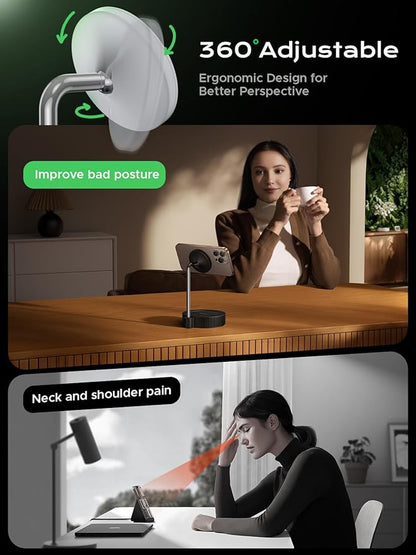 THREEKEY Charging Station, for MagSafe Charger with 180° Rotation, Qi2 15W Fast Charging Pad with Dual-Sided Magnets, Magnetic Wireless Charger Stand for iPhone 16-12 Series/Airpods (TZH104 White)