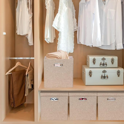 Storage Bins with Lids, Collapsible Linen Fabric Boxes Organizer Containers with Lid Foldable Storage Box Basket for Closet, Shelves, Home, Office, 11 x 11 x 11.4 Inch, 4 Pack, Khaki