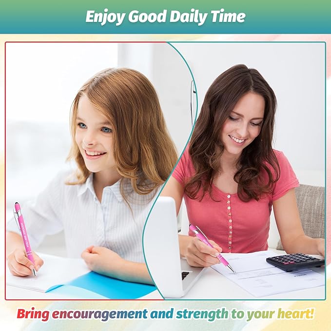 200 Piece Inspirational Pens Kit with Stylus Tip & Sayings – 100 Motivational Pen + 100 Individual Bags – Uplifting Quote & Positive Ideas – For Teachers, Office, School, Meetings, Team Events(Pink)