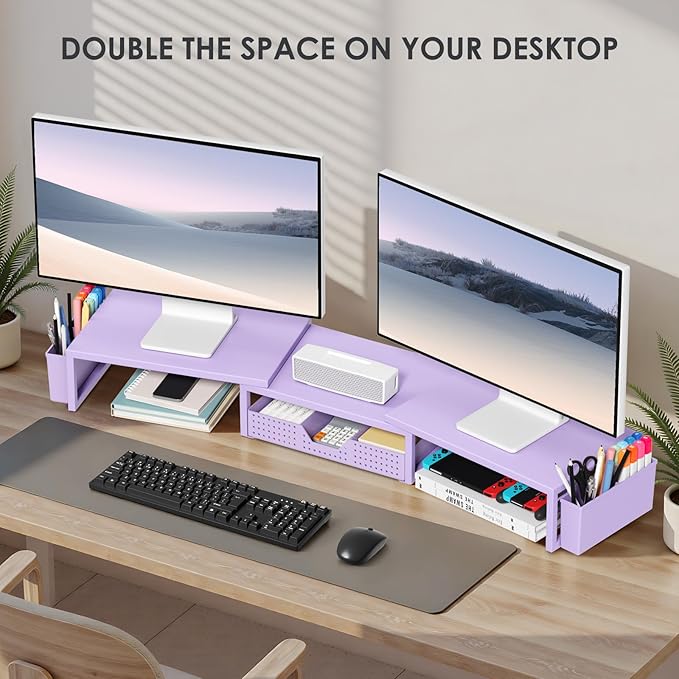 Purple Desk Organizers and Accessories, Dual Computer Monitor Stand Riser with Drawer and 2 Pen Holders, Office Desk Accessories, Workspace Desktop Organization for Office Supplies