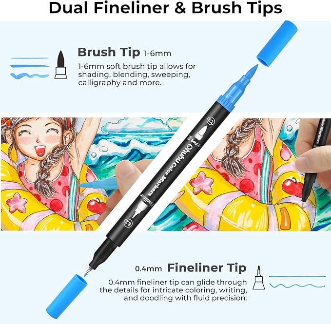Ohuhu Markers for Adult Coloring Books No Bleeding 160 Colors Water-based Dual Tips Fineliner & Brush Coloring Markers for Kids Adults Beginners Drawing Pens for Journaling Lettering - Maui - Black