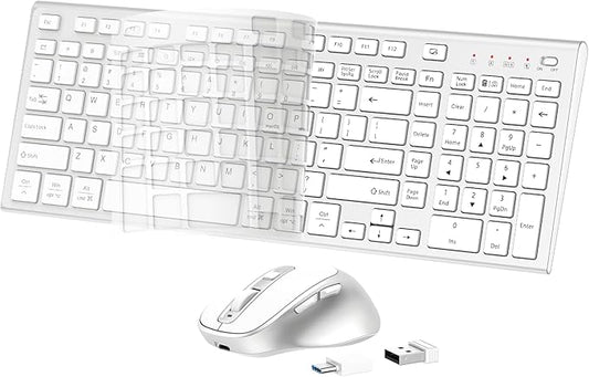 FENIFOX Wireless Keyboard and Mouse, Rechargeable USB C Combo Silent Quiet Compact Full Size Flat with Number Pad Soft Cover for Mac MacBook iMac Windows PC Laptop Computer Office - White & Silver
