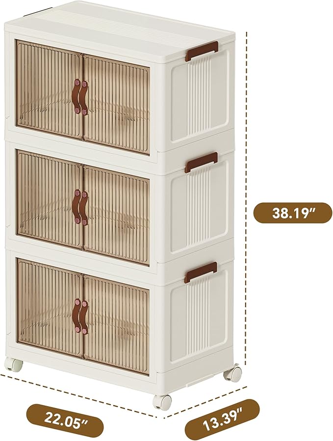 Collapsible Storage Bins with Lid and Wheels, Plastic Foldable Storage Cabinet-Stackable Closet Organizer Containers with Doors for Clothes, Home, Room, White, 3 Tiers
