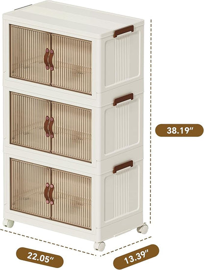 Collapsible Storage Bins with Lid and Wheels, Plastic Foldable Storage Cabinet-Stackable Closet Organizer Containers with Doors for Clothes, Home, Room, White, 3 Tiers