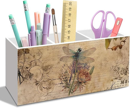 Dragonfly Pen Pencil Holder for Desk, Retro Dragon Fly Floral Office Desk Accessories, Dragon Fly Pen Holders Organizer for Office Classroom Bathroom, Dragonfly Gifts for Women
