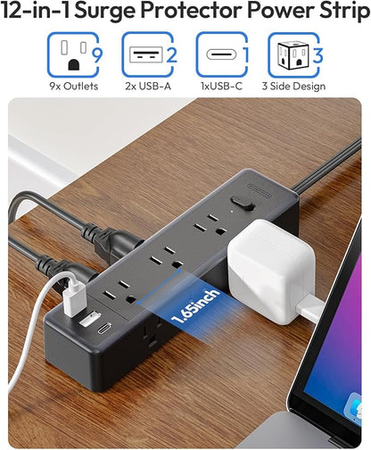 Surge Protector Power Strip,9 Widely Outlets and 3 USB Ports (1 USB-C), 1080 Joules, 10 FT Flat Extension Cord with Multiple Outlets, Wall Mount, Flat Plug, for Home Office, Dorm Essentials, White