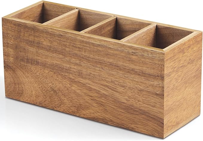 Bivvclaz Pencil Pen Holder for Desk, Acacia Wood Office Desk Organizers and Accessories with 4 Slots for Countertop, Makeup Brush Holder Organizer for Bathroom Vanity, Silverware Caddy for Party