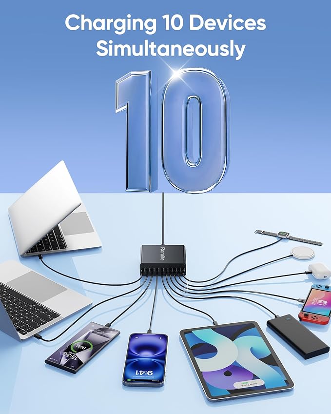 460W USB C Charger Block, 10-Port Charging Station GaN Fast Charger Block Type C & USB A Wall Charger, Dual 65W Laptop Multiport for iPhone 17, iPad, MacBook Pro/Air, Samsung Galaxy, Android(Grey)