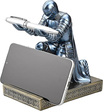 Windbreaker Soldier Knight Pen Holder Personalized Desk Accessory, Mobile Phone & Gaming Controller Holder, Device Stand Gift for Medieval Enthusiasts (Blue)