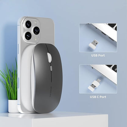 Uciefy Q5 Slim Rechargeable Wireless Mouse, 2.4G Portable Optical Silent Ultra Thin Wireless Computer Mouse with USB Receiver and Type C Adapter, Compatible with PC, Laptop, Notebook, Desktop (Grey)