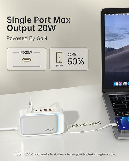 Power Strip with USB C Ports,30W USB C Charging Station,Surge Protection 1200J, 5FT Flat Extension Cord USB Charger Hub for Multiple Devices (Pearl White)