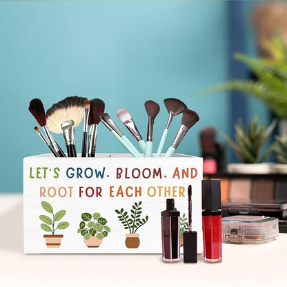 Boho Classroom Decor, Let's Root for Each Other Inspirational Pen Holder for Desk, Positive Botanical Wooden Box Sign Desk Decor for Office Home Decoration, Motivational Pencil Organizer