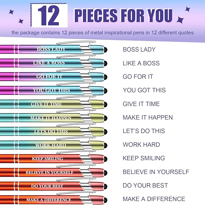 Zonon 12 Pcs Inspirational Pens Bulk Funny Ballpoint Pen with Stylus Tip Motivational Gifts for Christmas Teacher Coworkers Nurse School Office Supplies(Plating Color,Motivational Style)