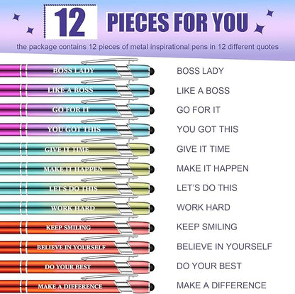 Zonon 12 Pcs Inspirational Pens Bulk Funny Ballpoint Pen with Stylus Tip Motivational Gifts for Christmas Teacher Coworkers Nurse School Office Supplies(Plating Color,Motivational Style)