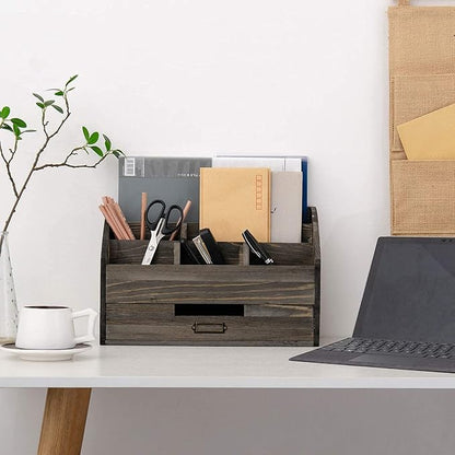 VERGOODR Rustic Wood Desk Organizer and Storage with Drawer and Pen Holder Bill Mail Organizer and Mail Holder for Countertop Kitchen Desk Decorative & Workspace Organizers(Rock Grey)