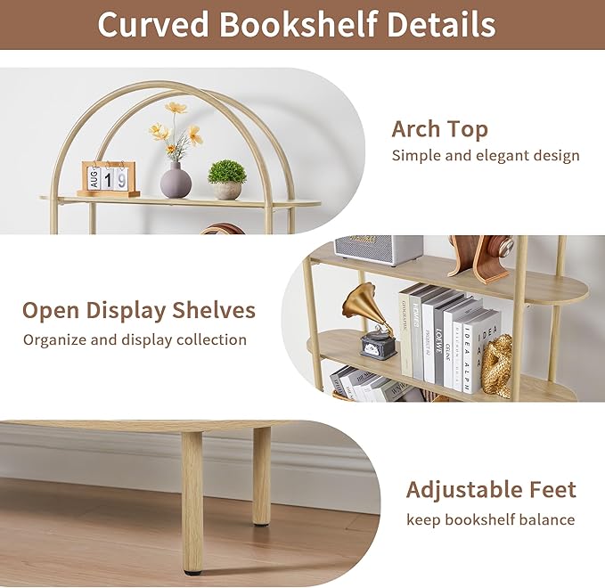 79" Tall Arched Bookshelf with Sliding Tambour Doors, Mid Century Modern Curved Bookcase Cabinet with Storage, 4-Tier Open Display Storage Shelf for Home Office, Living Room (Natural, 79inch)