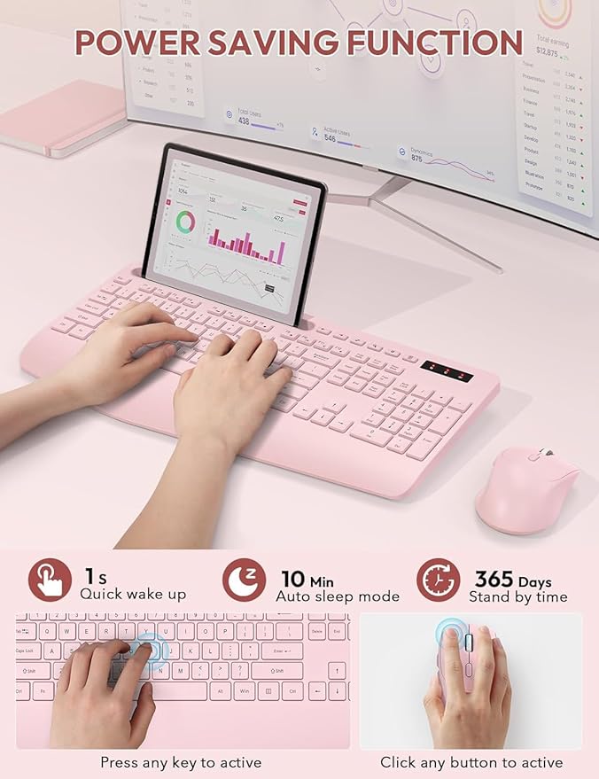 SABLUTE Wireless Keyboard and Mouse, Wrist Rest, Phone Holder, Batteries Included, 2.4G Lag-Free Ergonomic Keyboards Mouse Combo, Silent Keyboard Cordless Set for Computer, Laptop, PC, Windows, Pink