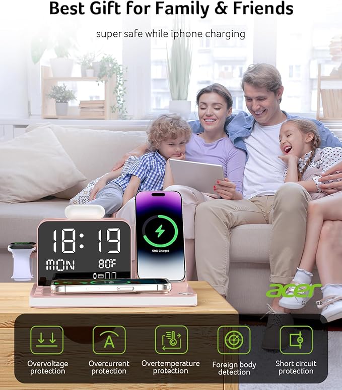 Acer 7-in-1 Wireless Charging Station with LED Clock - 30W Fast Wireless Charger for iPhone 16/15/14/13/12/Pro Max, Apple Watch, AirPods - Bluetooth Auto Time Sync & Night Lights (Pink)