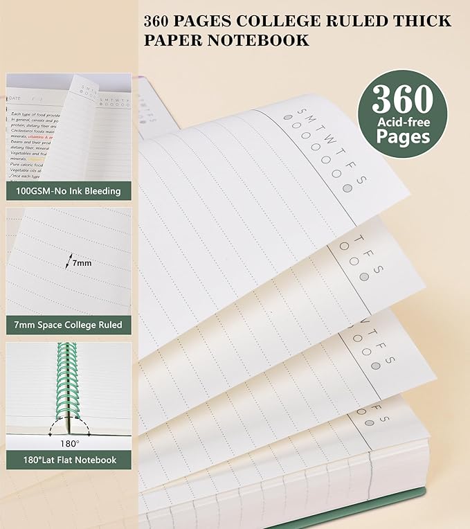 Spiral Notebook Journal, 360 Pages College Ruled Notebooks, Lined Thick Journals for Women Men,B5 Big Spiral Notebooks with 100GSM Paper, Spiral Bound Journal for Writing Work School Green 7.6"×10"