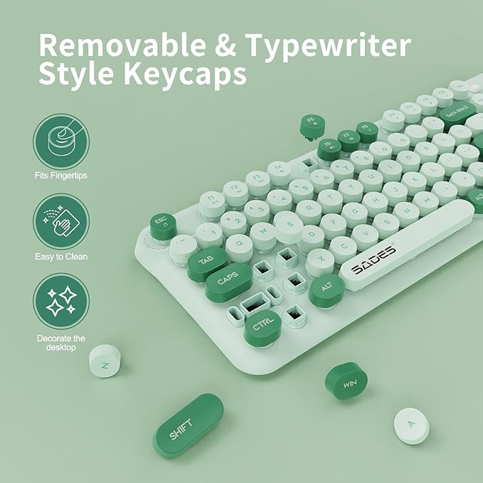 Wireless Keyboard and Mouse,Cute Retro Typewriter Computer Keyboard and Mouse Sets,Full Size 2.4G Cordless Colorful Round Keycaps Keyboard with Silent Mouse for PC Windows Laptop Office-Multi Green
