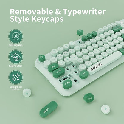 Wireless Keyboard and Mouse,Cute Retro Typewriter Computer Keyboard and Mouse Sets,Full Size 2.4G Cordless Colorful Round Keycaps Keyboard with Silent Mouse for PC Windows Laptop Office-Multi Green
