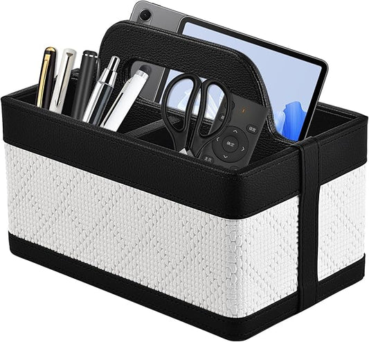 Desk Organizer Caddy with Handle-Portable PU Leather Remote Control Holder-Nightstand Dresser Tote Storage for Sunglasses,Comb,Small iPad,Pen,Heater Controllers,Cosmetics and Office Supplies