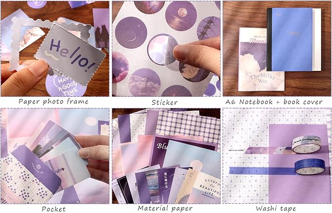 Draupnir Aesthetic Scrapbook Kit(348pcs), Bullet Junk Journal Kit with Journaling/Scrapbooking Supplies, Stationery,A6 Grid Notebook with Graph Ruled Pages DIY Scrapbook Gift for Girl Kid(Moonlight)