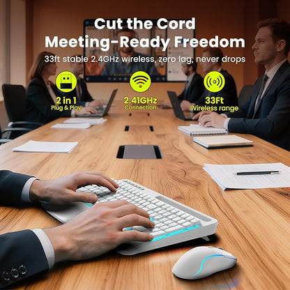 White Keyboard and Mouse Wireless Combo, 4000mAh Rechargeable Backlit Quiet Keyboards mice set, USB Ergonomic Key Board with Wrist Rest & Phone Holder for PC, Mac, Windows, Natural Soft Typing—SABLUTE