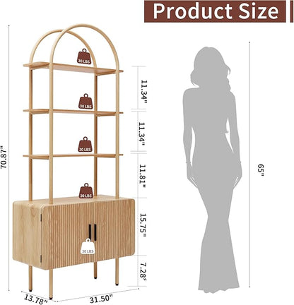 71" Tall Fluted Arched Bookshelf with Doors, Mid Century Modern Metal Bookcase Cabinet with Storage, 4-Tier Industrial Organizer Rack Storage Shelves for Home Office, Living Room (Natural)