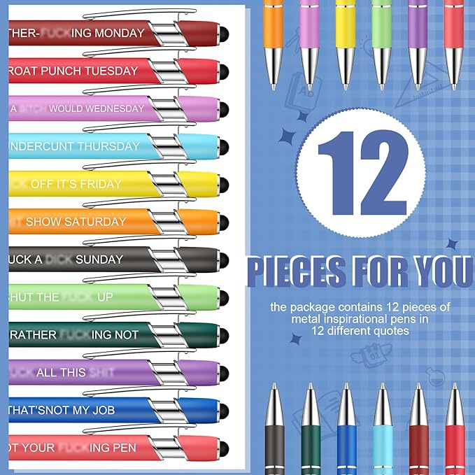Zonon 12 Pcs Inspirational Pens Bulk Funny Ballpoint Pen with Stylus Tip Motivational Gifts for Christmas Teacher Coworkers Nurse School Office Supplies(Fancy Color,Funny Week)
